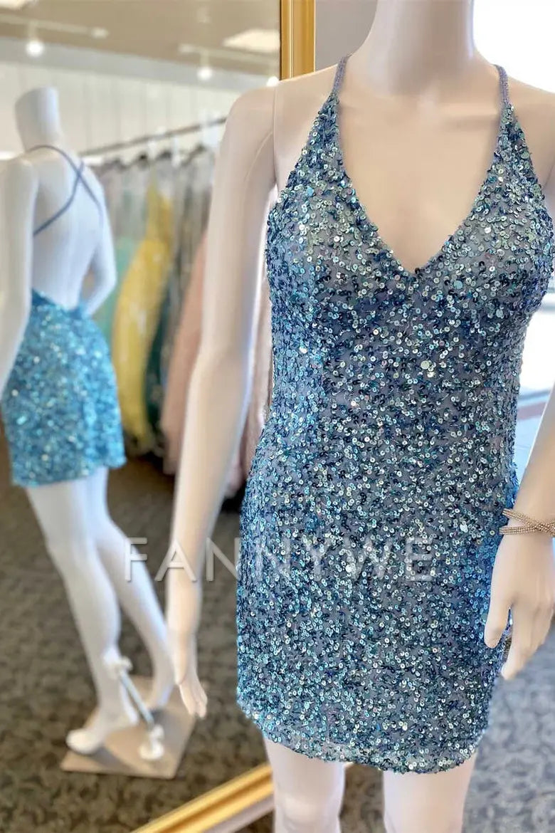 FannyWe Simple Blue Sequin V-Neck Backless Short Homecoming Dress formal wear dresses